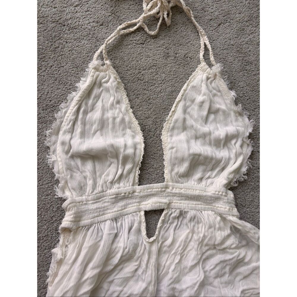 NWOT Free People Ivory Raw Hem Plunge Halter Maxi Dress | Boho Beach Goddess, Sm - Picture 4 of 10